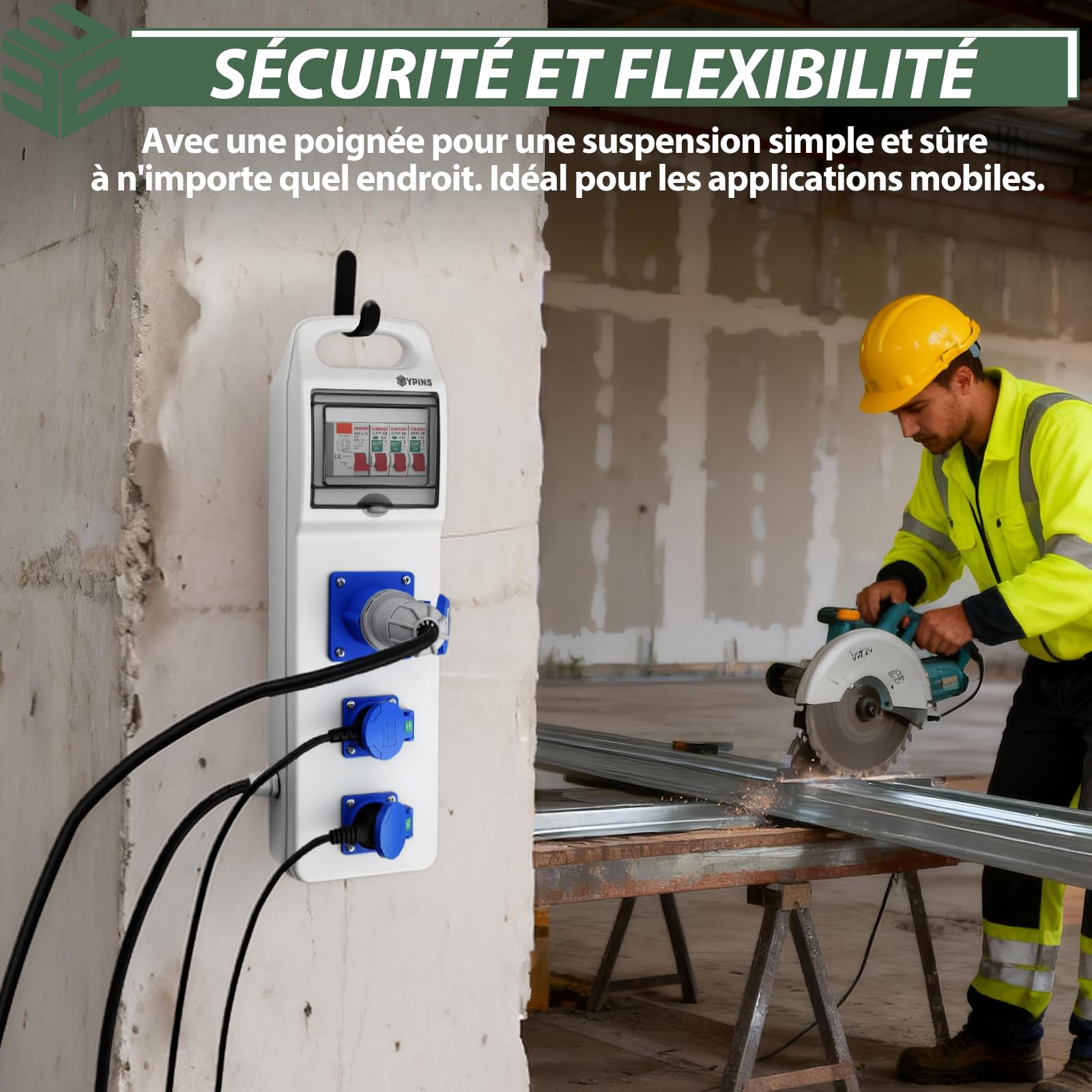 EYPINS Prise CEE 16 A + 2 Prises Européennes 16 A – Cordon H07RN-F 3G2,5 IP55 / IP54 – Adaptateur Industriel Étanche pour Camping-Car, Chantier, Industrie