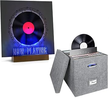 Woodoulogy Vinyl Record Storage Box for 50+ Single LPs and Now Playing Lighting Vinyl Record Brown Stand