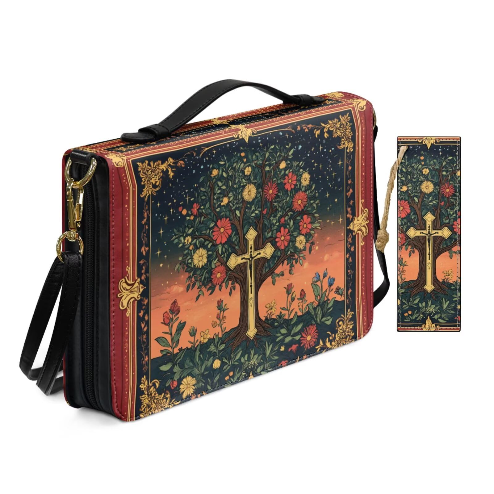 Allcute Women Pu Leather Bible Cover Bag with Shoulder Strap Vintage Tree Floral Cross Bible Case for Women with Bookmark Church Religious Book Covers with Handle Pockets Red