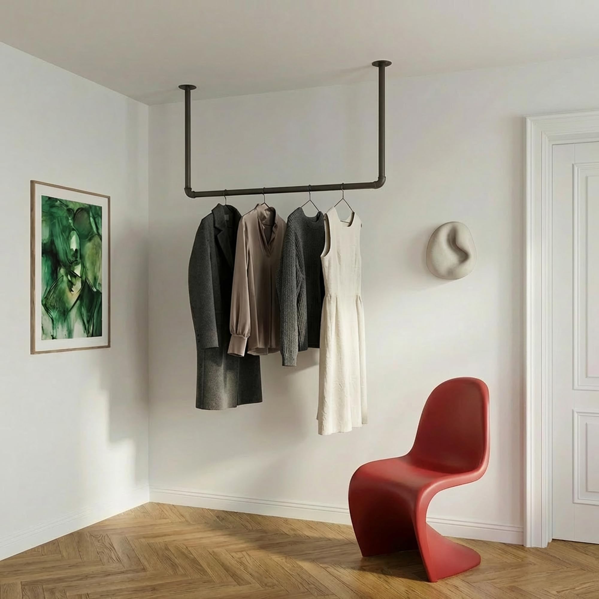 pamo Appendiabiti da Soffitto Industriale Nero – Barra Appendiabiti da Parete 105x54 cm I Attaccapanni da Muro Sospeso in Tubi Metallo – Cabina Armadio Aperta Stile Loft – Fino a 25 kg