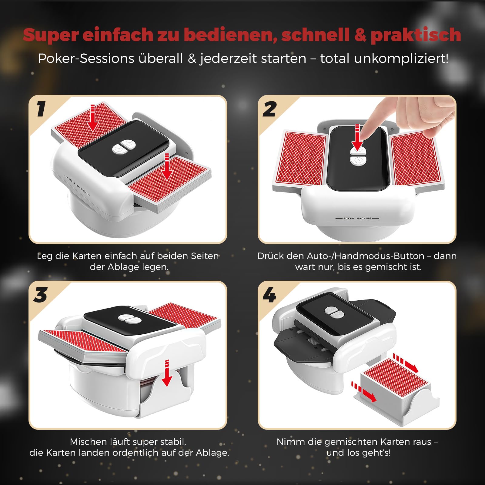 Automatischer Kartenmischer, 2 Laufmodi, Aufladbar mit Langzeit-Batterie, Geräuschlos, für UNO, Poker, Black Jack Karten, Schwarz (Schwarz & Weiß)