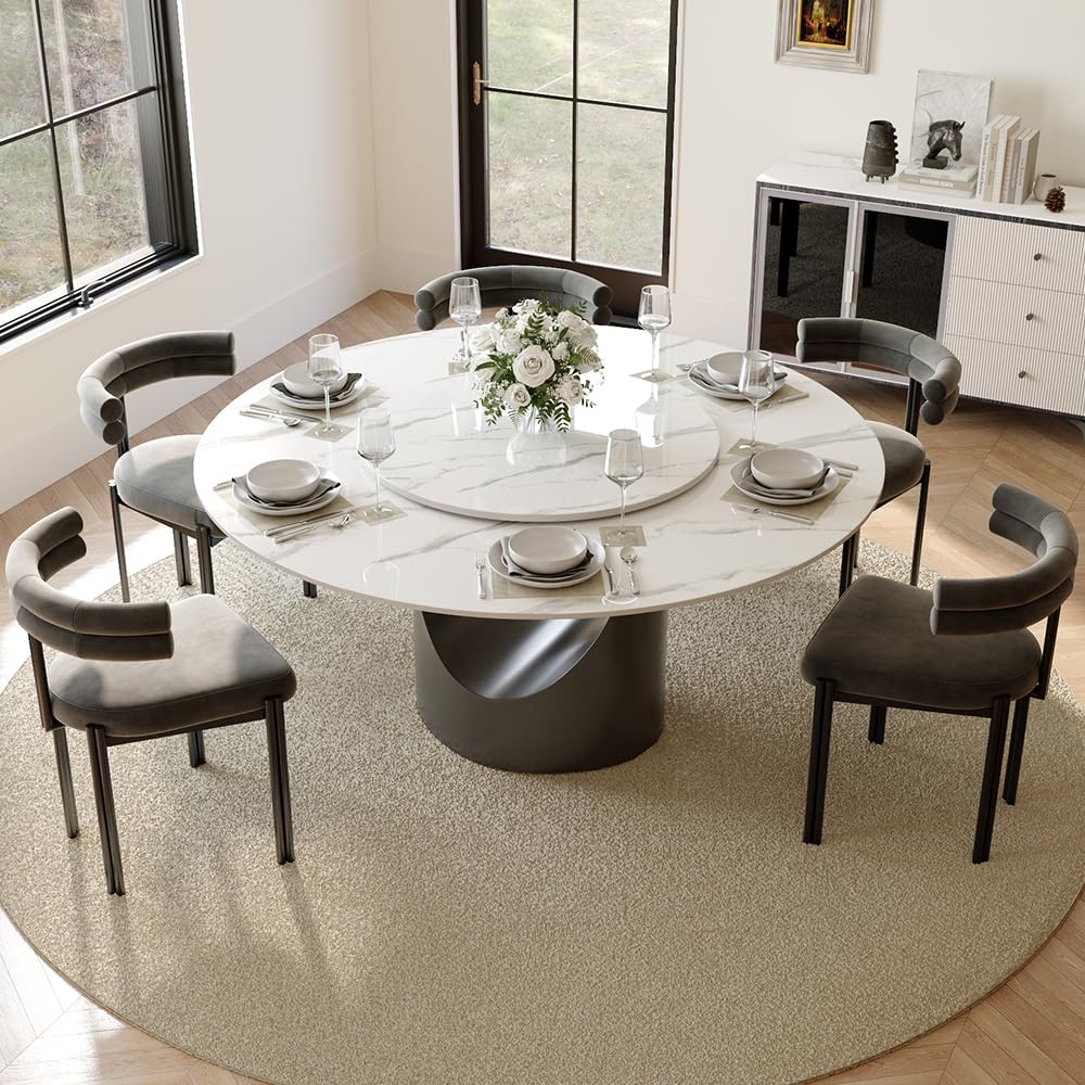 POVISON Round Dining Table for 6, 59" Glossy White Sintered Stone Tabletop Dining Table with 31" Lasy Susan, Grey Carbon Steel Pedestal, Modern Dining