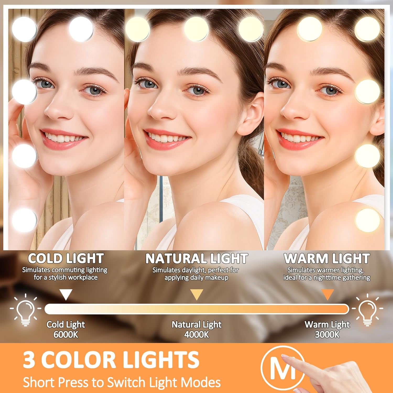 Vanity Mirror with Lights for Desk 15 LED Lighted Makeup Mirror with USB Type C Vanity Mirror with Touch Control 10X Magnifying Mirror Large Makeup Desk 23 x 19