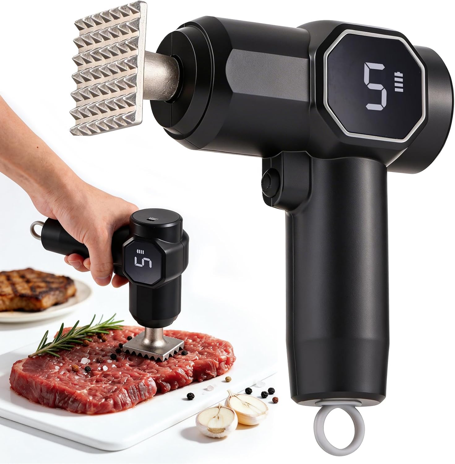 Electric Meat Tenderizer Tool, Meat Mallet with 5 Adjustable Levels, Stainless Steel Detachable Head, 3000mAh Battery for Beef Steak Pork Chicken Chops Kitchen Utensils, Head Dishwasher Safe