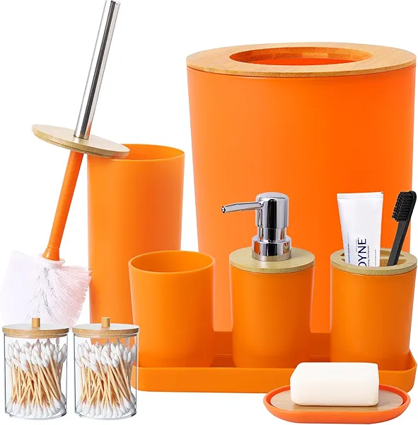 SLDIYWOW 9 Pieces Orange Bathroom Accessory Set, Plastic Bathroom Accessories Set with Trash Can,Soap Dispenser,Toothbrush Holder,Toothbrush Cup,Soap Dish,Toilet Brush and Q-tip Holders for Bathroom