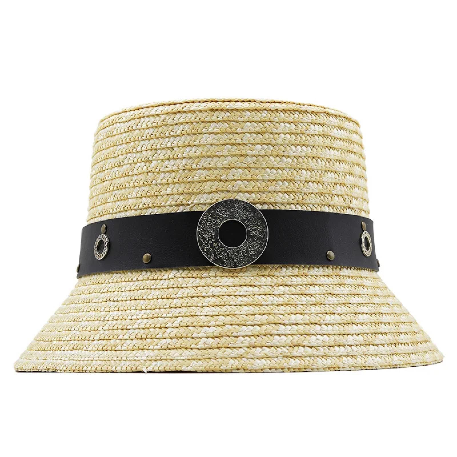 Sonnenhut Strohhut Hut Handgemachte Hüte Für Frauen Damen Sonnenhut Große Perlen Kette Beige Strohhut Adjuatble Strand Mütze Breite Krempe 56-59Cm 04