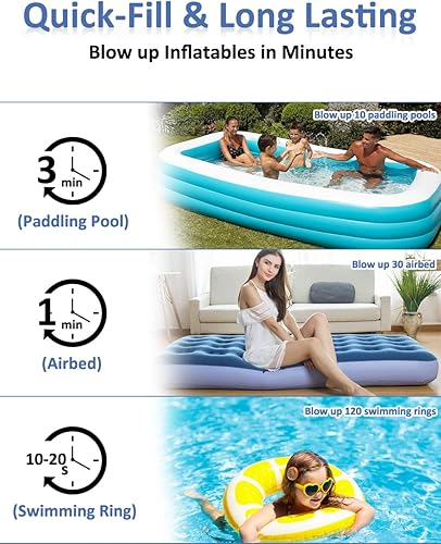 Miniatura 6 de BEAUTYOVO Bomba de aire eléctrica para inflables de piscina, bomba de colchón de aire de llenado rápido, bomba de aire portátil inalámbrica con