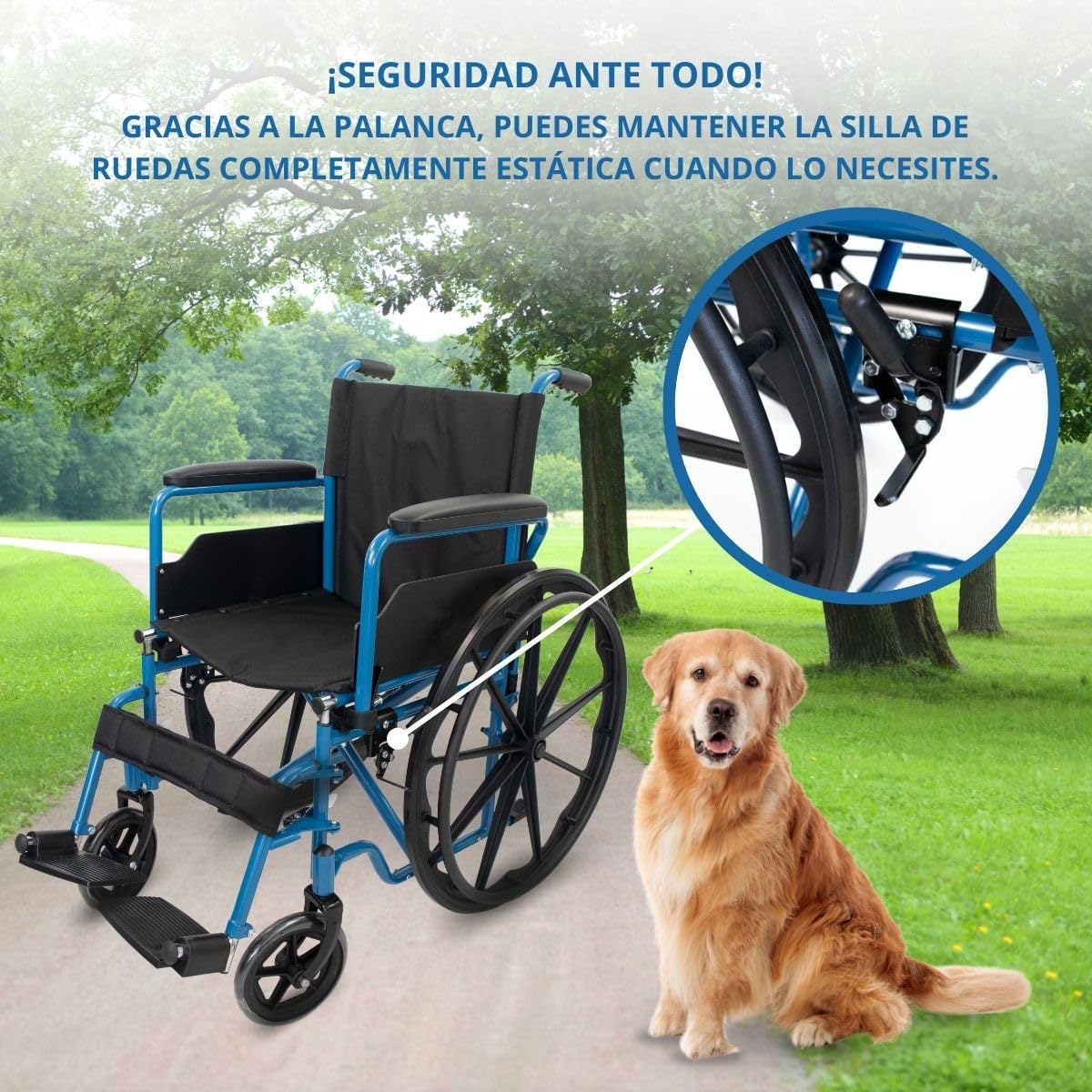 Mobiclinic®, Silla de ruedas plegable, Autopropulsable, Extracción rápida pulsando un botón, Asiento 46 cm, Reposapiés y reposabrazos abatibles, Palanca freno, Resistente, Azul, Marsella