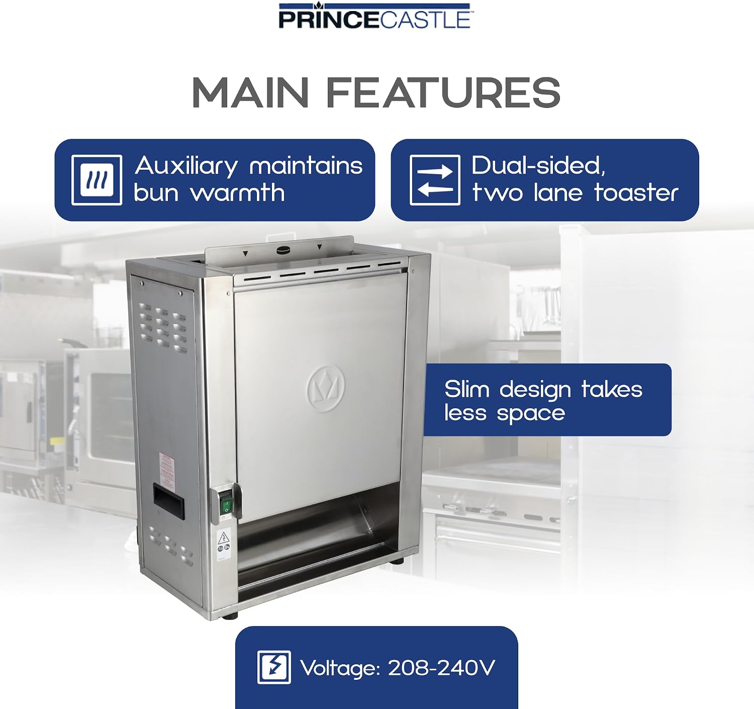 Prince Castle Dual Sided Contact Commercial Toaster - 208-240V, Two Lane, Metal Belt, Digital Control, Auxiliary Heater - Touchscreen Toaster for Restaurants and More for Bread, Bagels, Buns and More