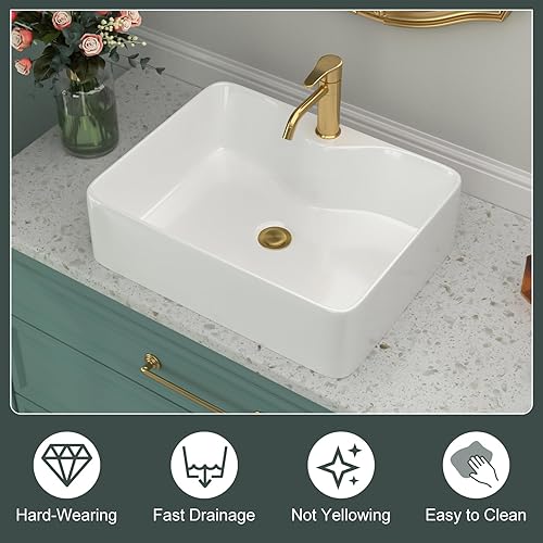 Miniatura 28 de Fregadero de baño de porcelana de cerámica rectangular de 24 x 14 pulgadas sobre mostrador, lavabo de arte blanco y negro Blanco