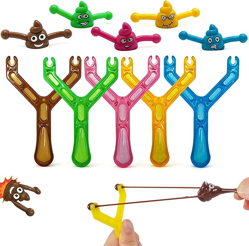 set da 5 pezzi Fionda Giocattolo,Set Giocattoli con Catapulta Cacca,Mini Fionda di Gomma Giocattoli Cacca Volanti, Riempitori del sacchetto del partito per i bambini adulti