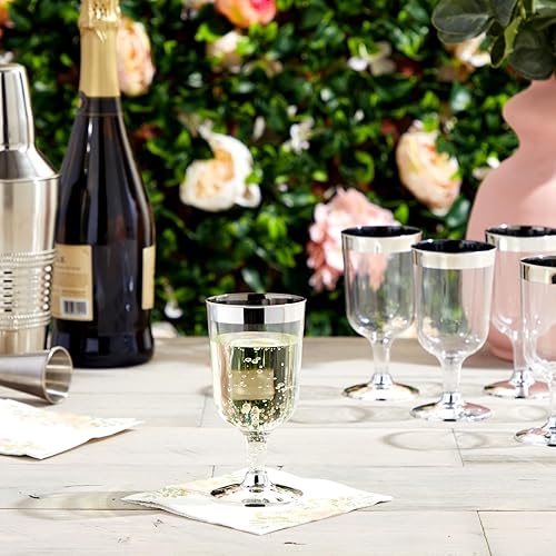 Miniatura 2 de Juvale Paquete de 50 copas de vino de plástico transparente de 7 onzas para fiestas, copas de copa con borde plateado con tallos para bodas