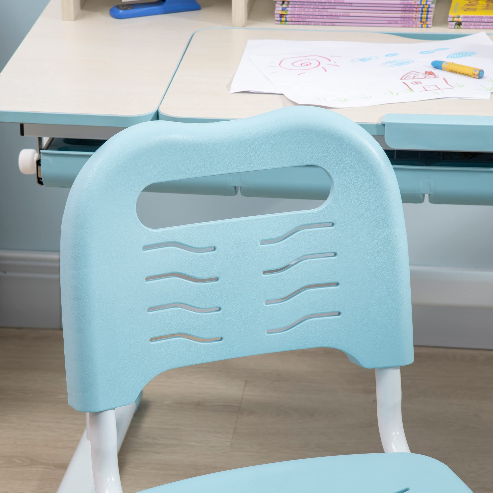 Homcom Bureau Enfant Réglable Hauteur Plateau Inclinable Tiroir Étagère Livres 80x52x88-109 cm Bleu