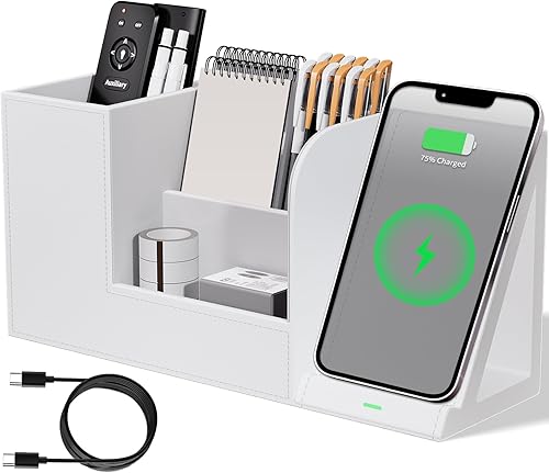 Soporte multifuncional para lápices, organizadores de escritorio y accesorios con 4 compartimentos para suministros de arte de oficina, cargador de