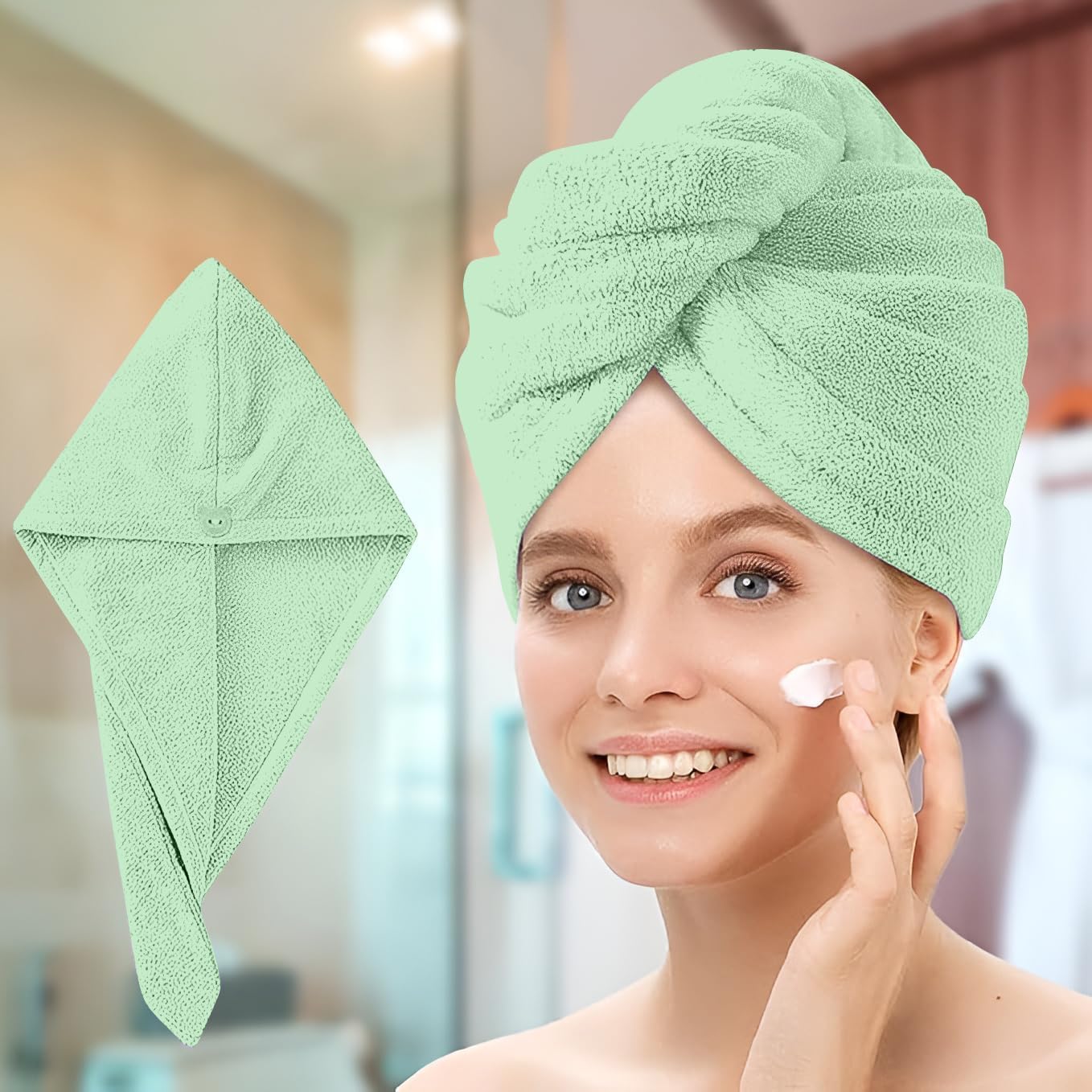 CB HOME Toallas turbantes de microfibra para secar el cabello, paquete de 3 (verde-rosa-gris)