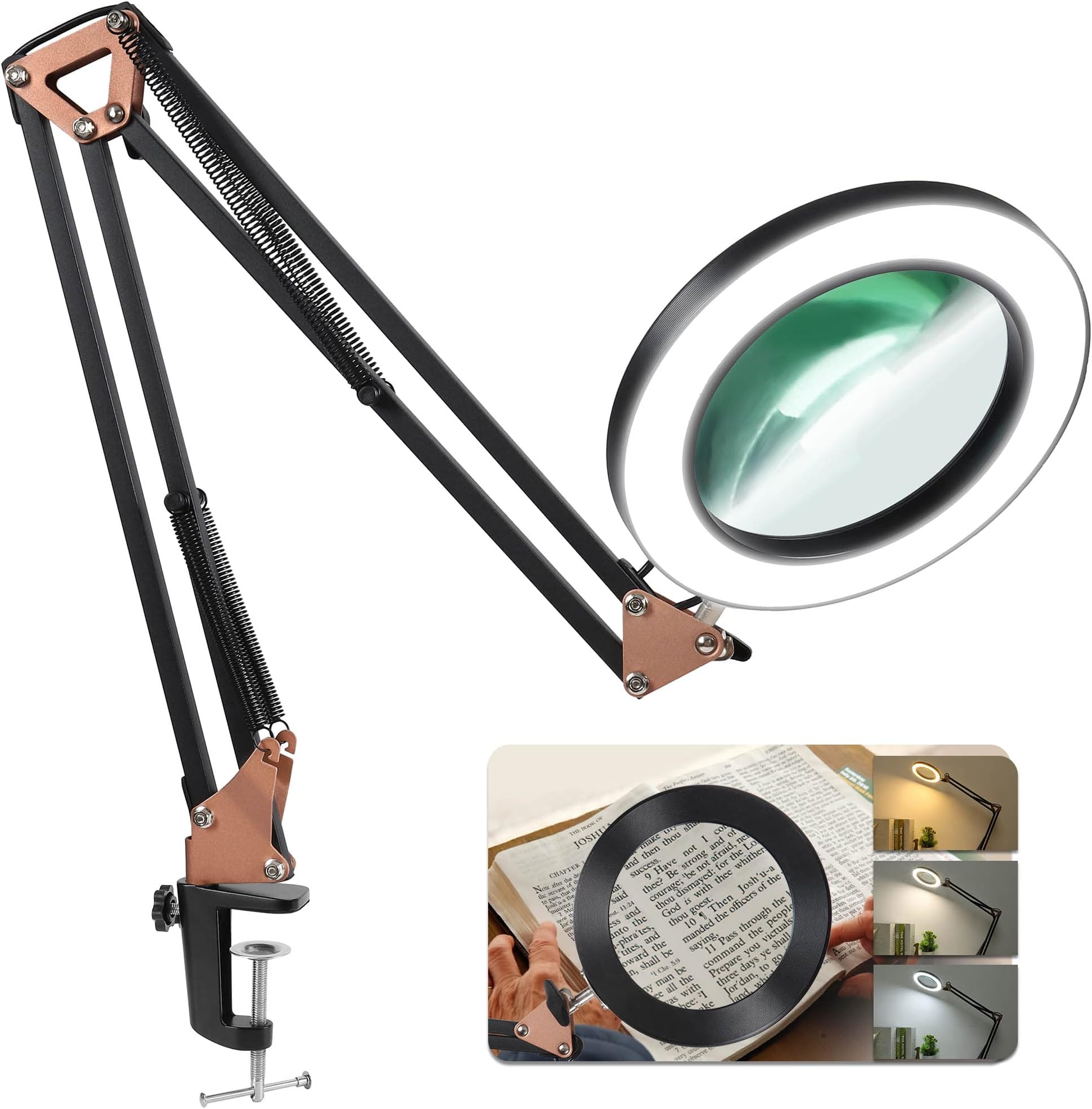 LANCOSC Magnifying Glass with Light and Stand, 5X 5 Inches Real Glass Lens, 3 Color Modes Stepless Dimmable LED Desk Lamp, Adjustable Arm Lighted Magnifier Light for Reading Repair Crafts - Black Gold