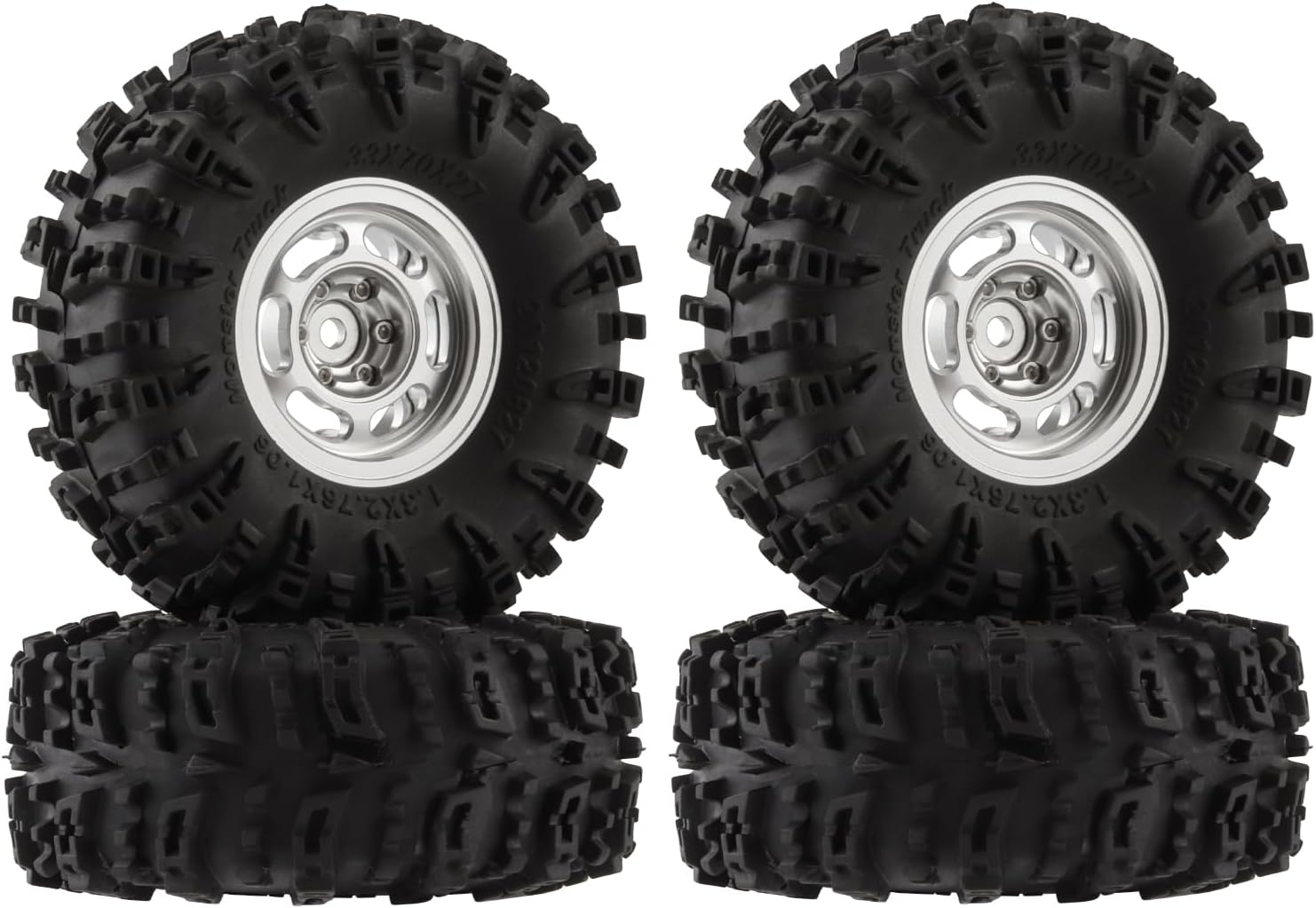 1.3" Wheel Tires Set, 70 * 27mm Beadlock Wheel Rims with Swamp Claw Mud Terrain Rubber Tires for 1/18 1/24 SCX24 TRX4M RC Car (Type B-Grey Set)