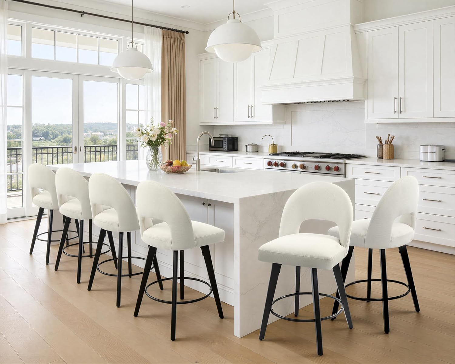 Swivel bar Stool, Upholstered Counter Height Stool with Back, Modern 26 Inch Linen Fabric Counter Stool with Solid Rubberwood Legs for Kitchen Island, Dining Room, Home Pub, Cream White