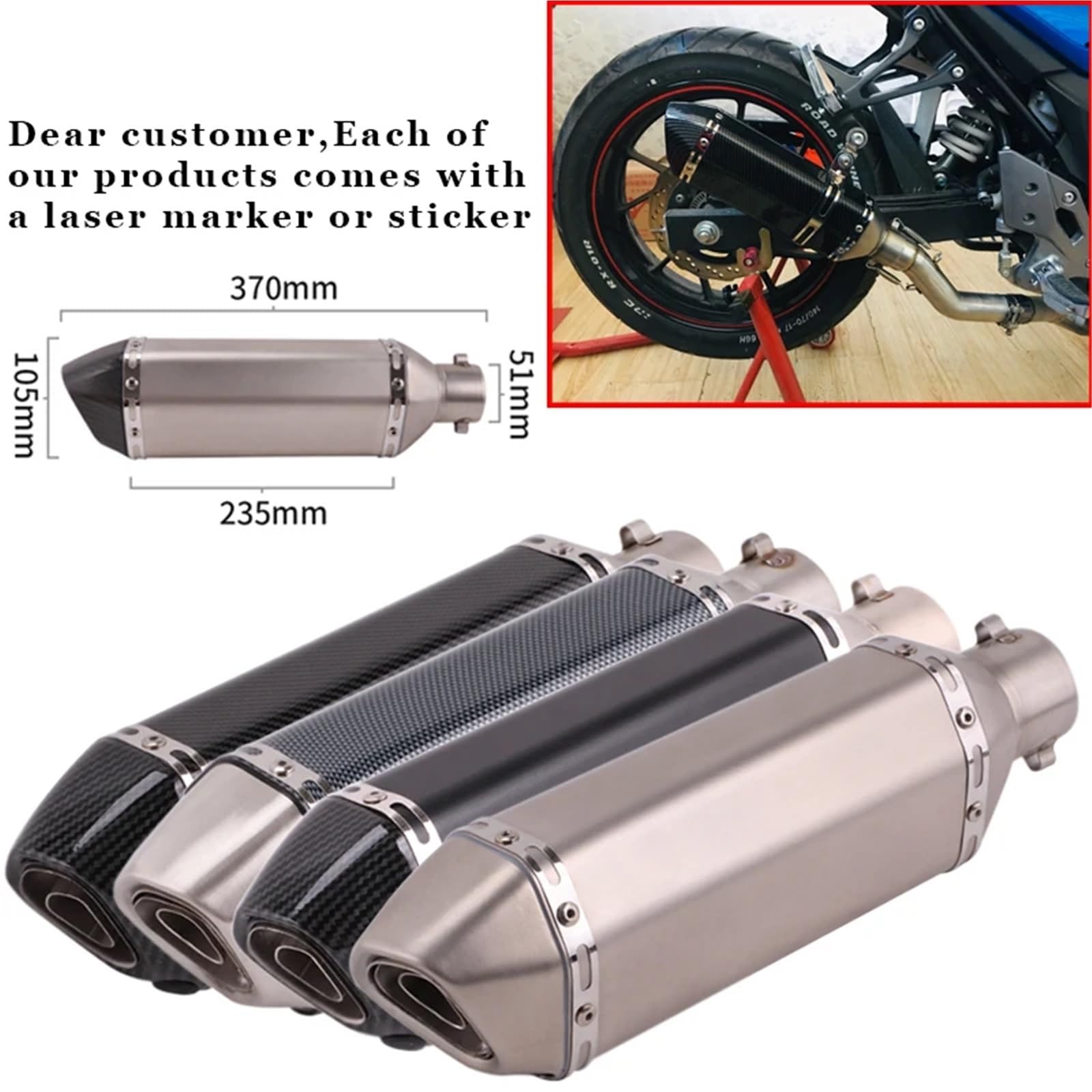 Tłumik końcowy Rura wydechowa motocykla z włókna węglowego 250cc 350cc 600cc Rura do Nmax Tmax 530 układ wydechowy samochodowy(H370mm)