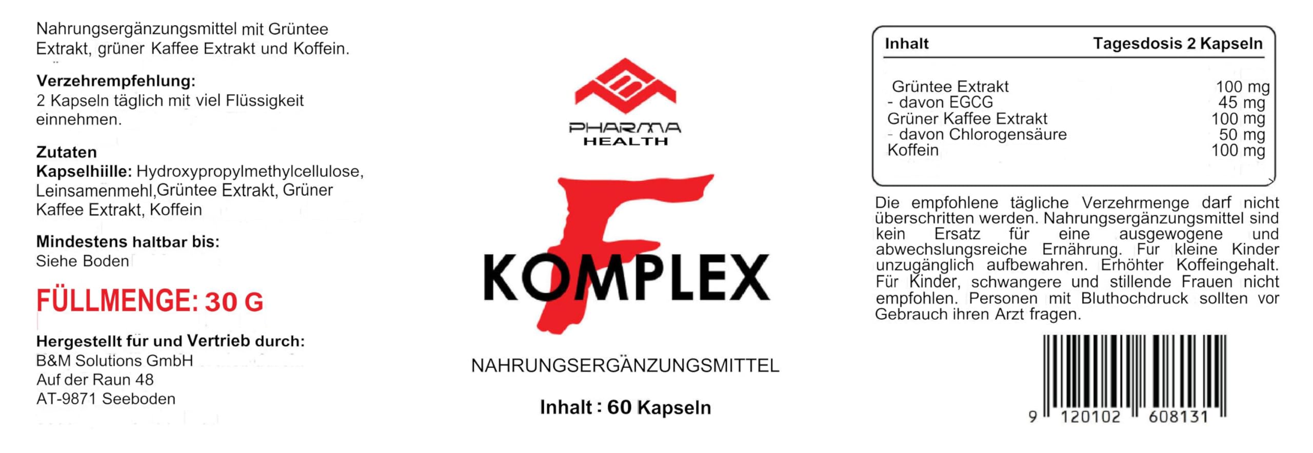 F Komplex Kapseln | HOCHDOSIERTE Supplements | Mit Grüntee Extrakt und Koffein | 60 Kapseln