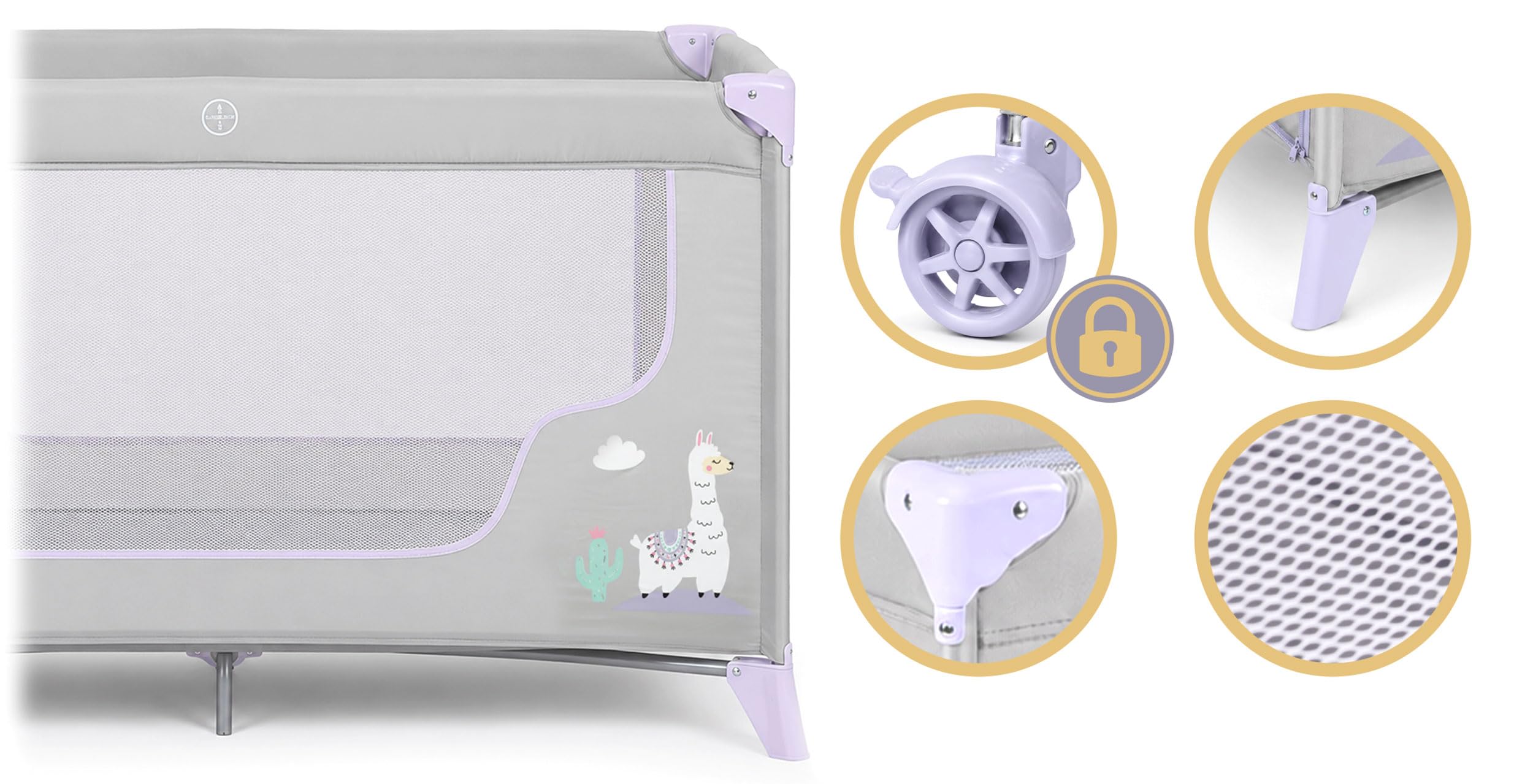 Ricokids Łóżeczko turystyczne dla niemowląt z materacem 123,5 x 64 x 76 cm do 15 kg 2 koła z hamulcami jasnoszary lawendowy