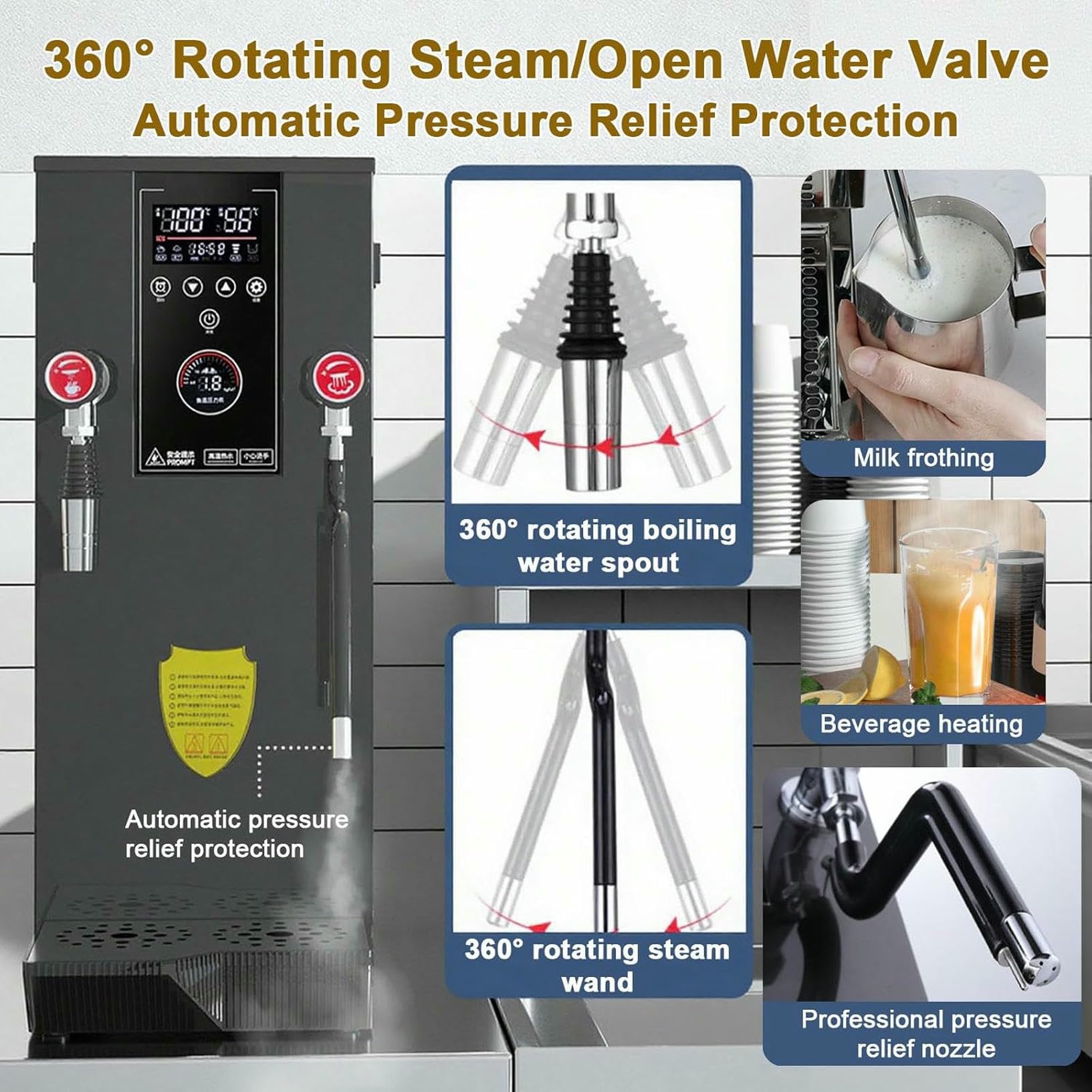Montalatte e bollitore Automatico per Acqua da 12 Litri - Macchina a Vapore Professionale da 2500 W, Display di precisione della Temperatura, per caffè e tè con Perle di Tapioca.