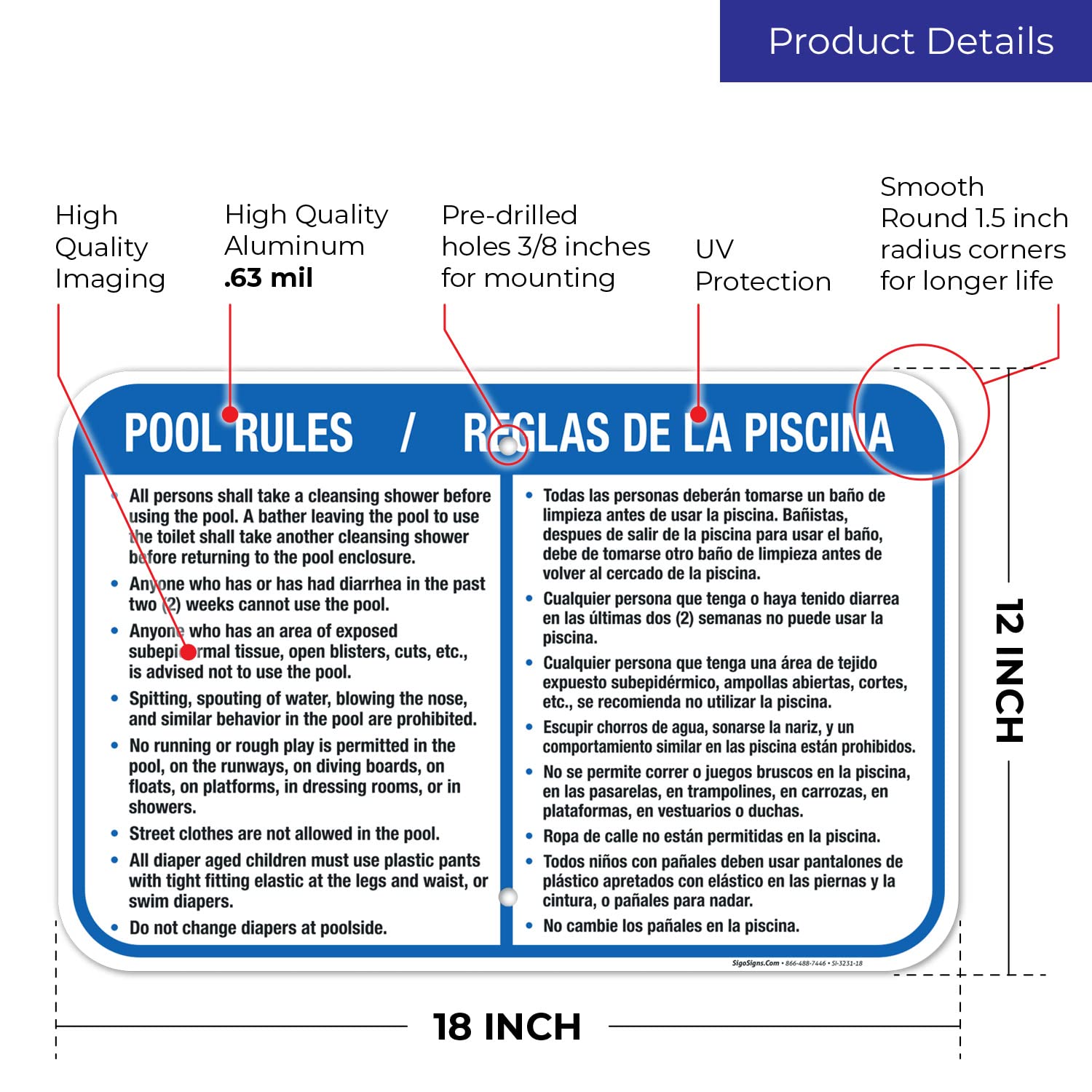 Pool Rules Bilingual Sign, Spanish English, 12x18 Inches, Rust Free .063 Aluminum, Fade Resistant, Made in USA