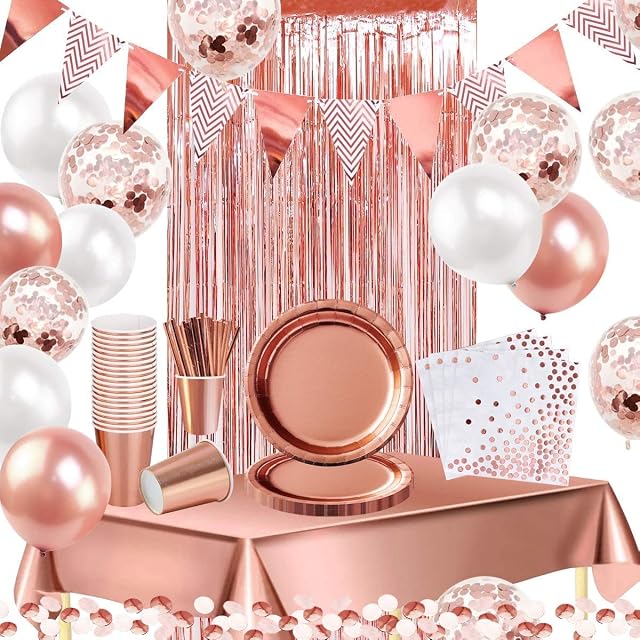 iZoeL Rose Gold Party Decorations Supplies for 16Guests Tableware Bunting Curtain Tablecloth Plates Napkins Cups Straws Balloon Birthday Wedding Hen Party Anniversary