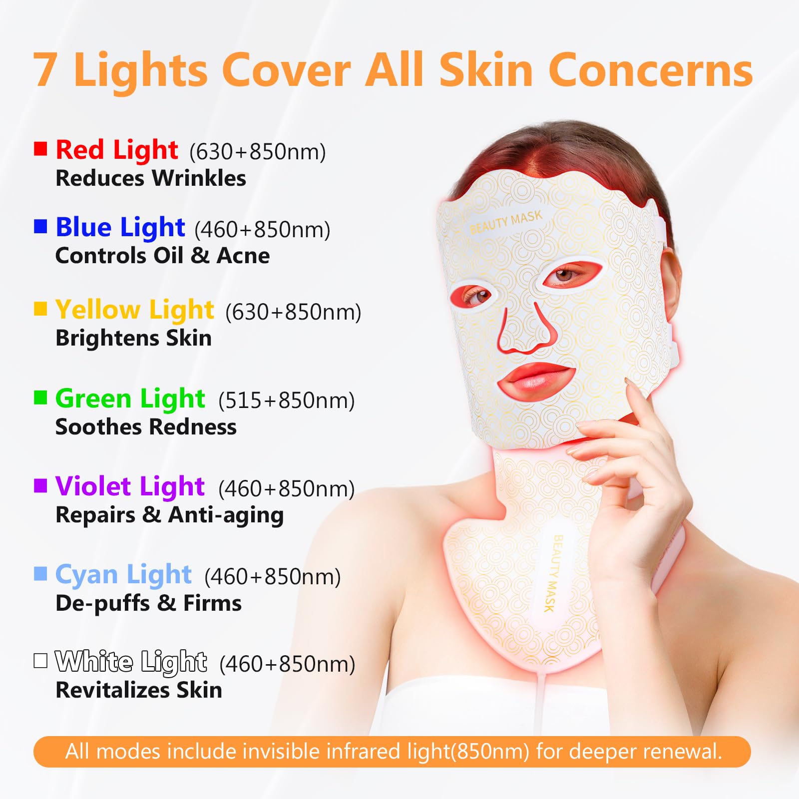 LED Gesichtsmaske Lichttherapie, LED Maske für Gesicht und Hals | 7 Farben Rotlichtlampe Maske Gesicht für Anti-Aging, Akne & Hautstraffung, professionelle Hautpflege für zu Hause Beauty Weiß