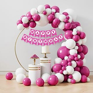 Rozi Decoration Pink and White Balloon Arch Decoration Kit with Happy Birthday Paper Banner, 32 Pieces Party Decor Set for Birthday Celebration, Girls Birthday Decor