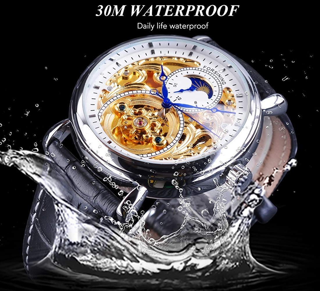 Carlien Herren-Automatikuhr, goldfarben, Tourbillon, Skelettuhr, Mondphase, wasserdicht, Edelstahl