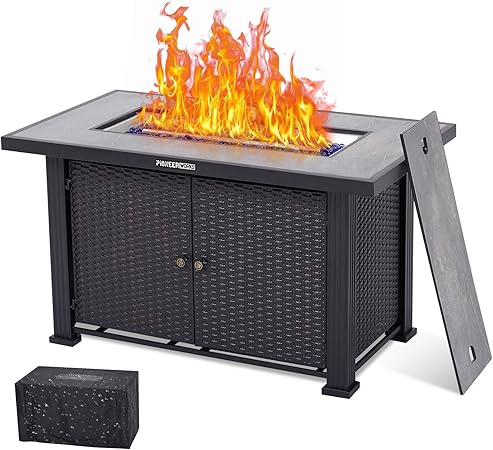 Garvee 44 Inch Propane Fire Pit Table, 50000BTU Rectangle Fire Table with Cover & Rain Cover, Sturdy Steel and Iron Fence Surface, CSA Safety Certified, Companion for Your Garden (Double Door)