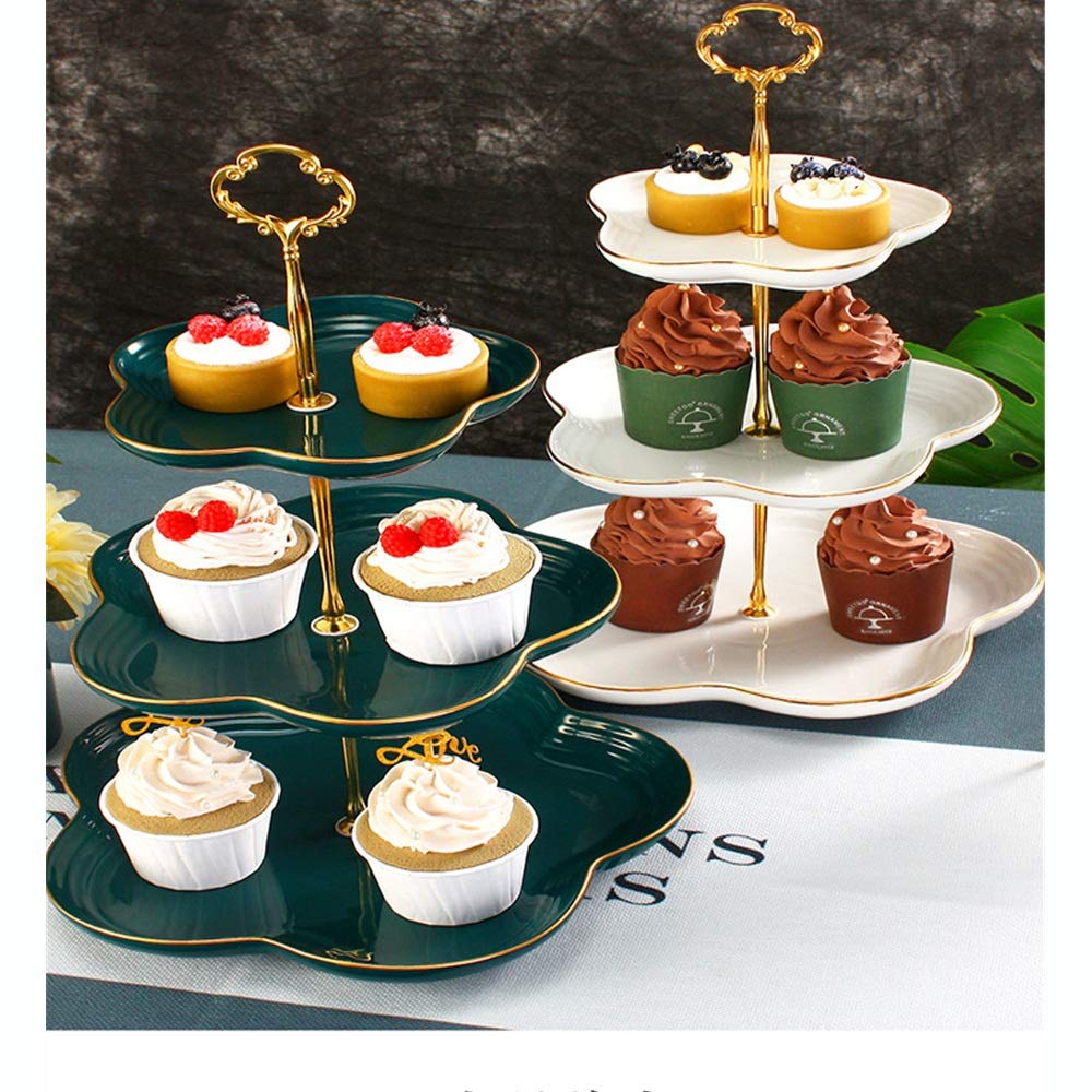 Soporte para Tartas, Ideal para cenas, cumpleaños, Bodas, Fiestas, con Tres Flores de cerámica, Ideal para Pasteles, Comida, Frutas y postres (Verde, Talla única).