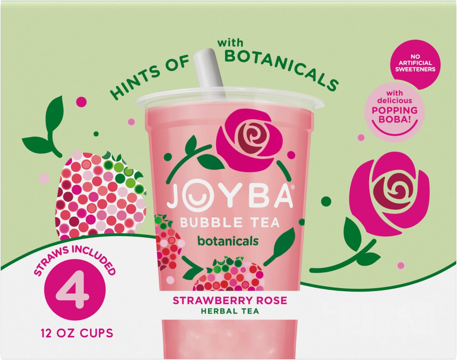 JOYBA Strawberry Rose Bubble Tea with Botanicals, 4 Pack, 12 fl. oz. Cups