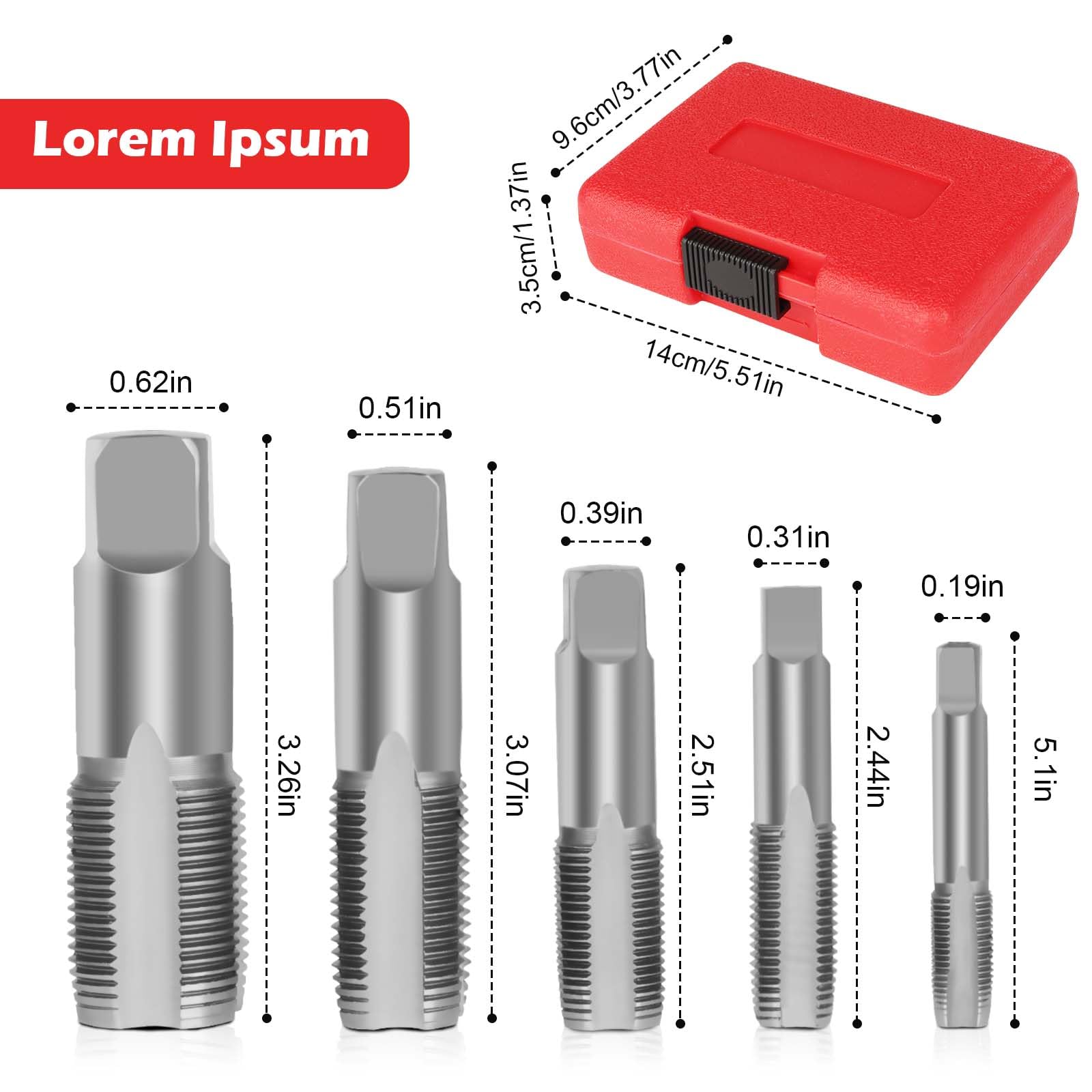 Lot de 5 tarauds à tube BSP 1/8", 1/4", 3/8", 1/2", 3/4" BSP avec boîte de rangement en acier au carbone pour filetage précis