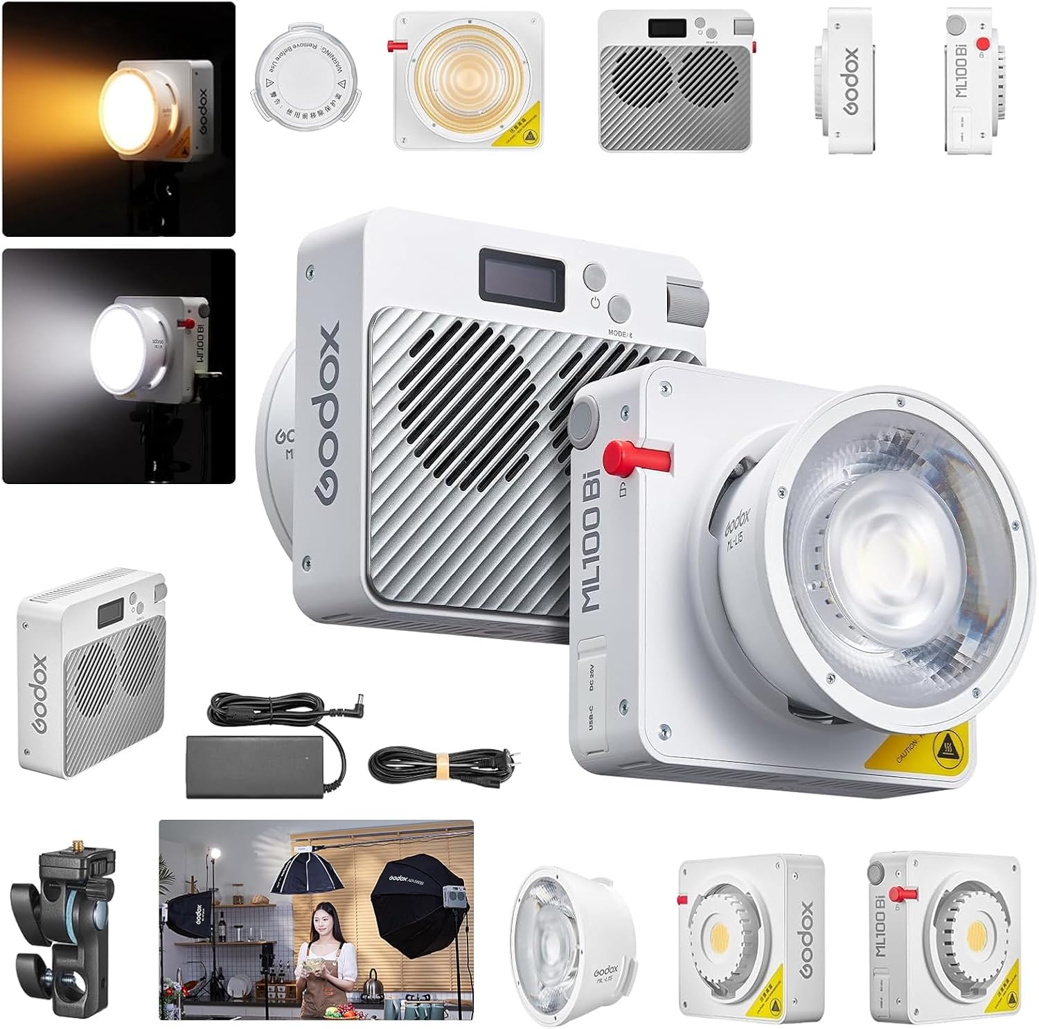 Godox ML100Bi Portable LED Video Light 100W Bi-Color COB LED Video Light 34300 Lux CRI 97+/TLCI 98+ 2800K-6500K 11 FX Effects for Filming Live Streaming Studio Photography