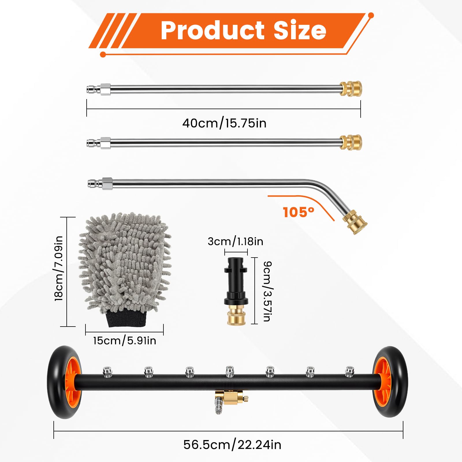 Accesorio para Hidrolavadora, Lavador Bajos Automóviles Accesorio Limpieza Bajos con 7 Boquillas, Ruedas Giratorias y 3 Varillas Extensión 4000 PSI Conexión Rápida 1/4" Doble Función 2 en 1