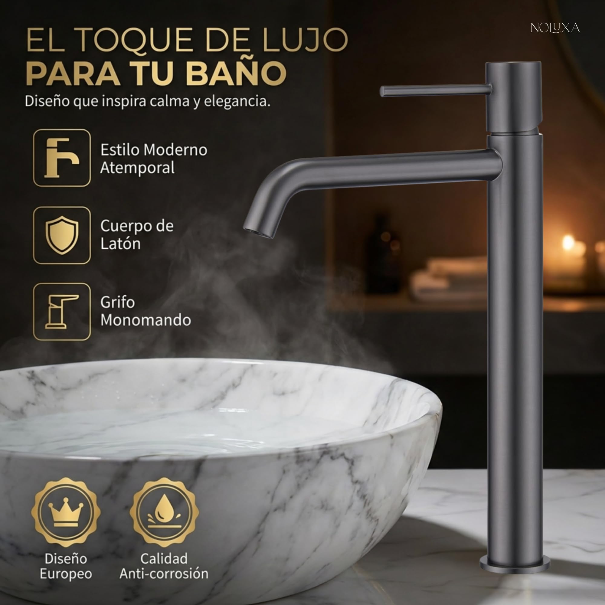 IMEX - Robinet Lavabo Noir Bec Haut | Robinet Salle de Bain Mitigeur Eau Froide et Chaude | Robinetterie Monocommande Effet Cascade avec Bec en Laiton et Économie D'Eau | Série Monza