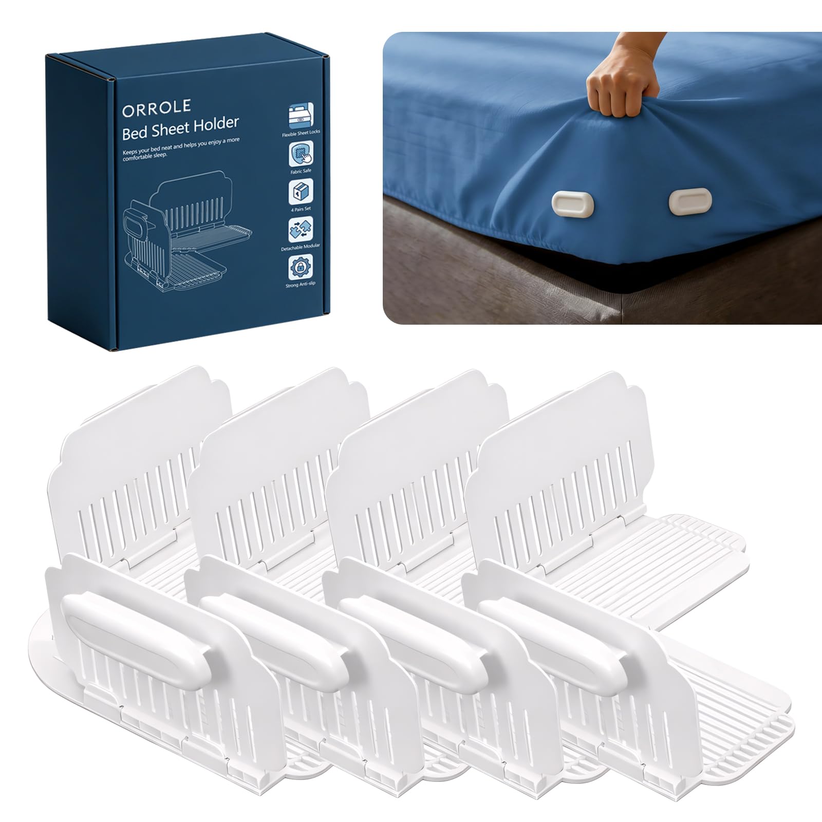 Orrole White Sheet Clips To Help Keep Sheets In Place, Bed Sheet Grippers For Corners & Sides, Fitted Sheet Holders For Queen King Twin Beds, Easy Install Sheet Fasteners
