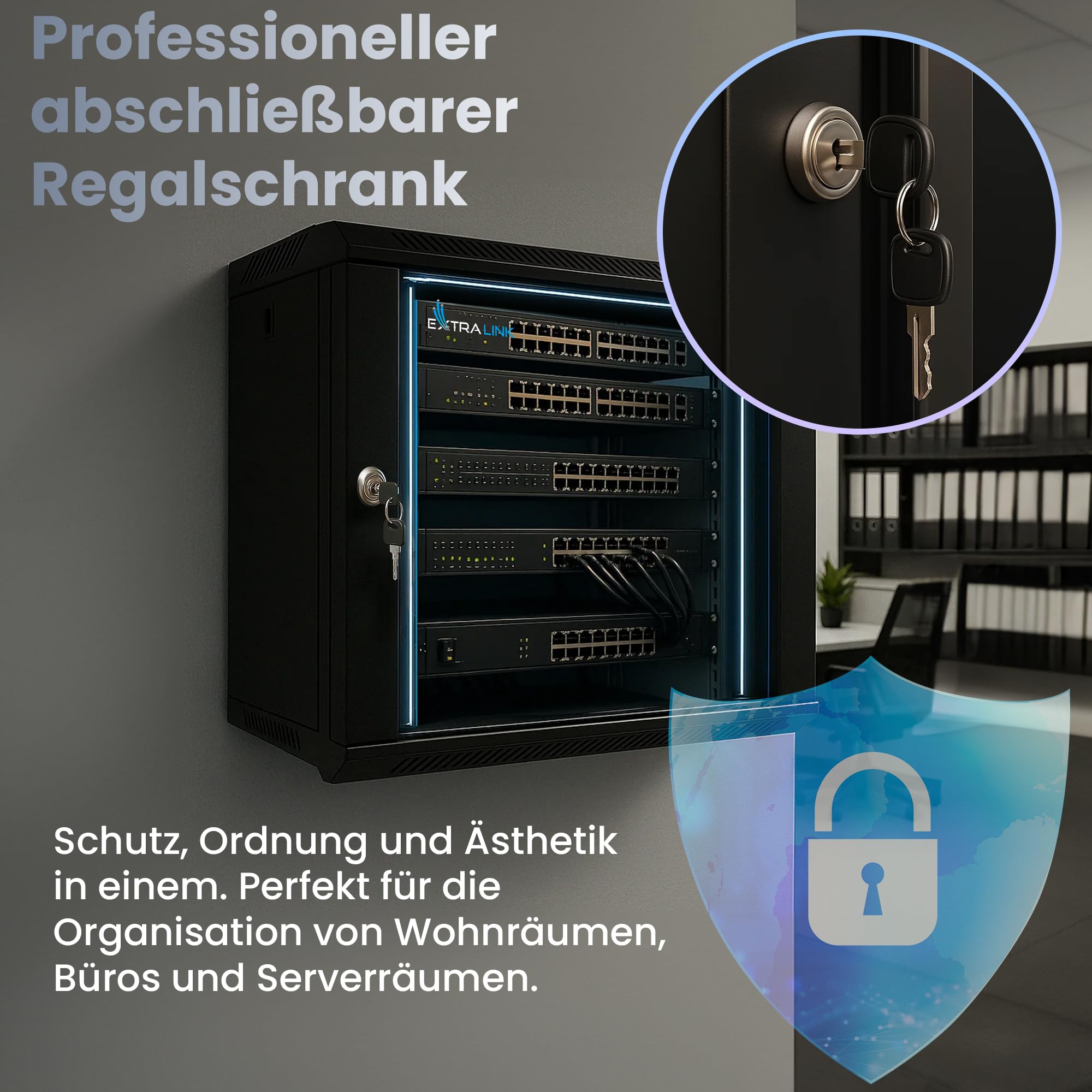 Extralink Serverschrank 19 Zoll 9HE - Netzwerkschrank 400mm Tiefe - Wand oder Standmontage, Traglast 60 kg, 180° Öffnung, schwarz - inkl. praktischer Regale - für Heimnetzwerk & IT-Geräte