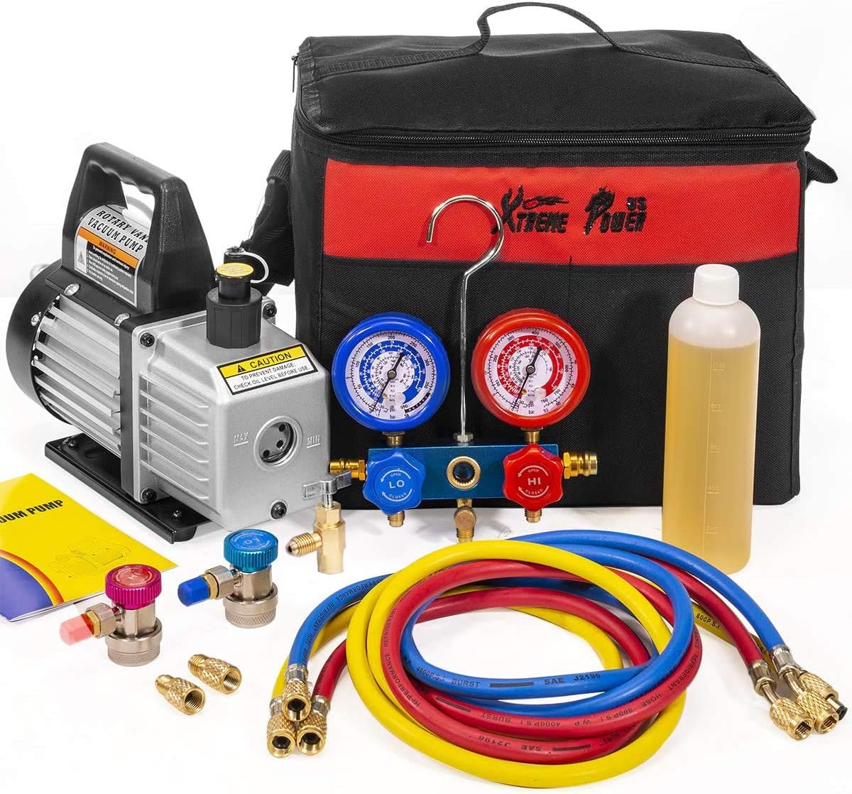 XtremepowerUS Air Vacuum Pump HVAC A/C Cooling Kit AC Manifold Gauge Set 3CFM 1/4HP Air Vacuum Pump 71097
