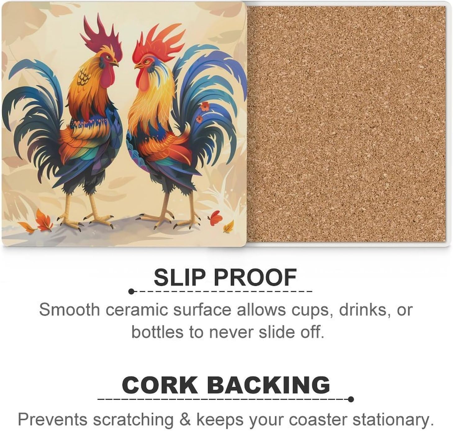 Fighting Morning Rooster Cock Coaster for Drinks Square Ceramic Table Coasters Stone Mat Crafts 6PCS Home Kitchen Decor