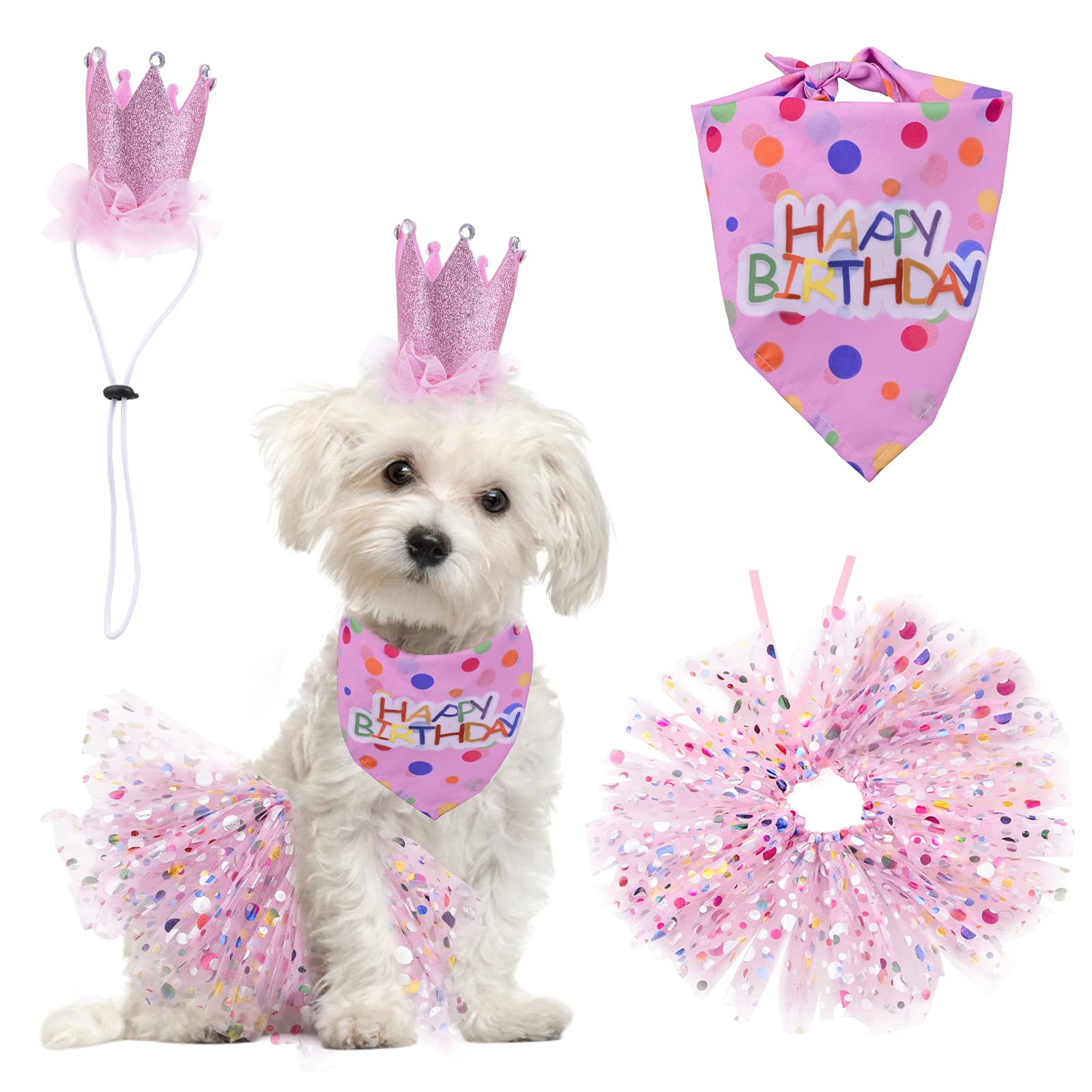 HACRAHO Dog Birthday Party Supplies, 3 PCS Dog Birthday Bandana with Hat and Dress Girl Set Happy Birthday Dog Bandana for Small Medium Dogs, Pink