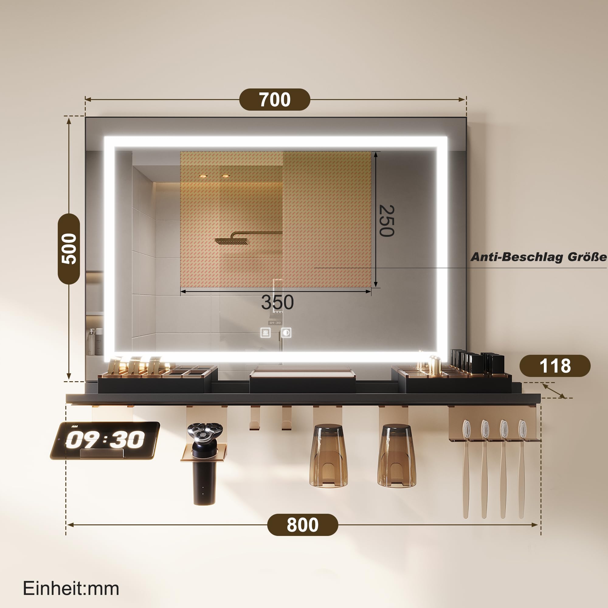 SONNI Lustro łazienkowe LED 70 x 50 cm + półka 80 cm, lustro dotykowe, 3 kolory światła, ochrona przed zaparowaniem, półka z uchwytem na telefon komórkowy + hak + uchwyt na szczoteczki do zębów +
