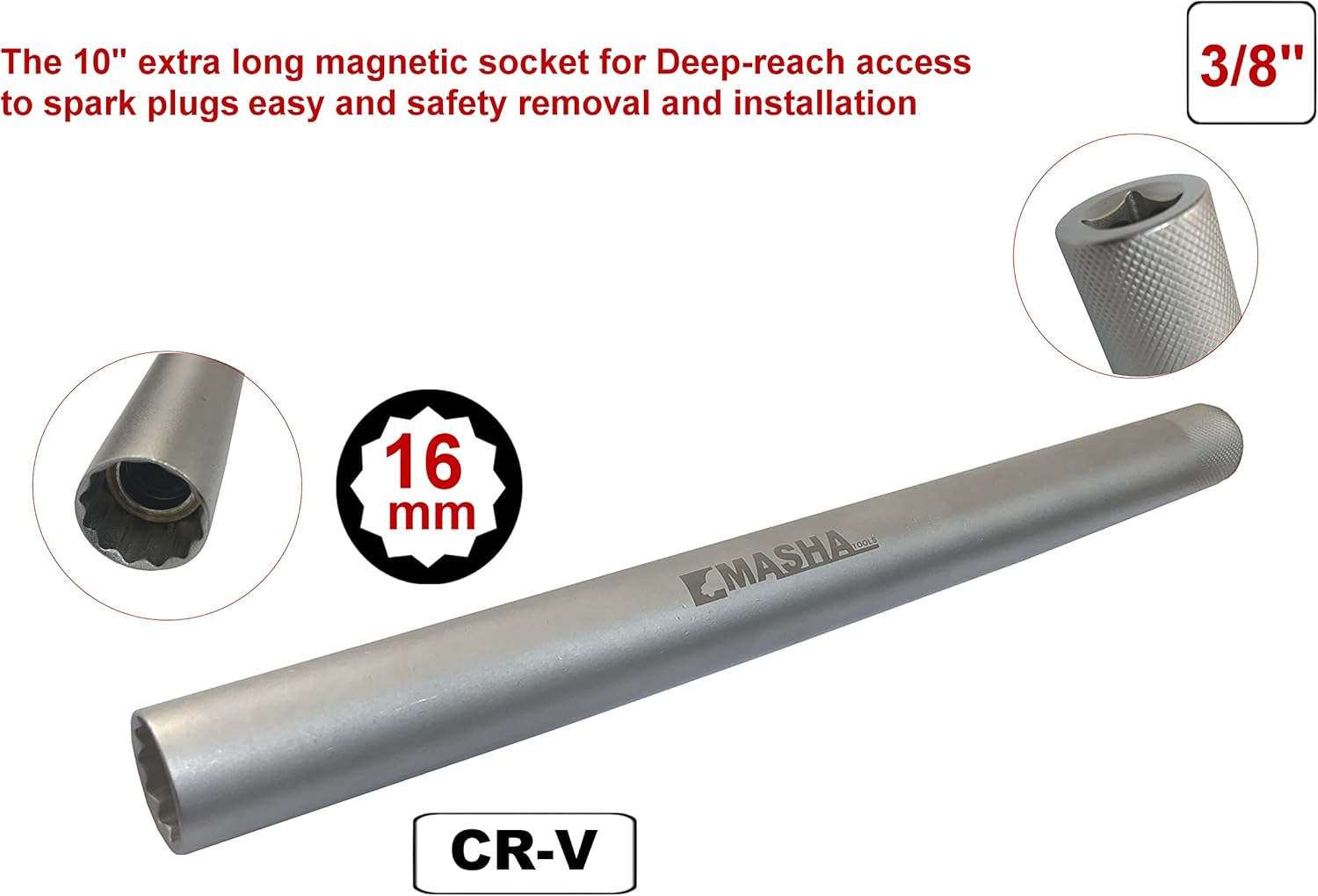 MASHA TOOLS-3/8 Inch Driver Magnetic Thin Wall 16 mm Spark Plug Socket 12PT (10 Inch Extra Long)