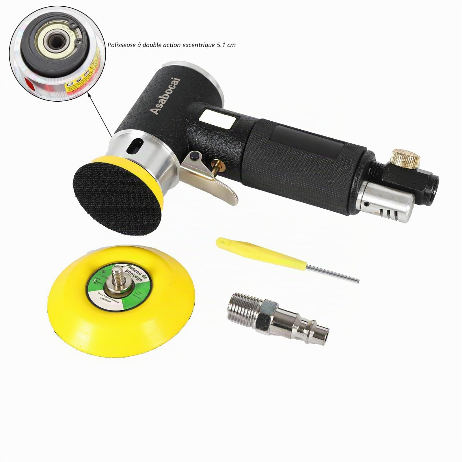 Ponceuse Orbitale Pneumatique 50mm & 75mm - Polisseuse Double Action 12 000 tr/min - Mini Ponceuse Excentrique à Air Comprimé pour Carrosserie, Bois et Métal