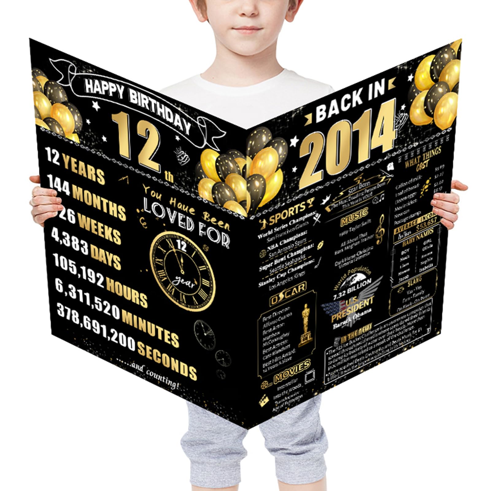 FOBELEC 12th Jumbo Birthday Card with Envelope, Black Gold Retro Birthday Decorations for Girls and Boys, 12 Year Old Funny Birthday Gifts for Daughter and Son, Back in 2014 — image 1