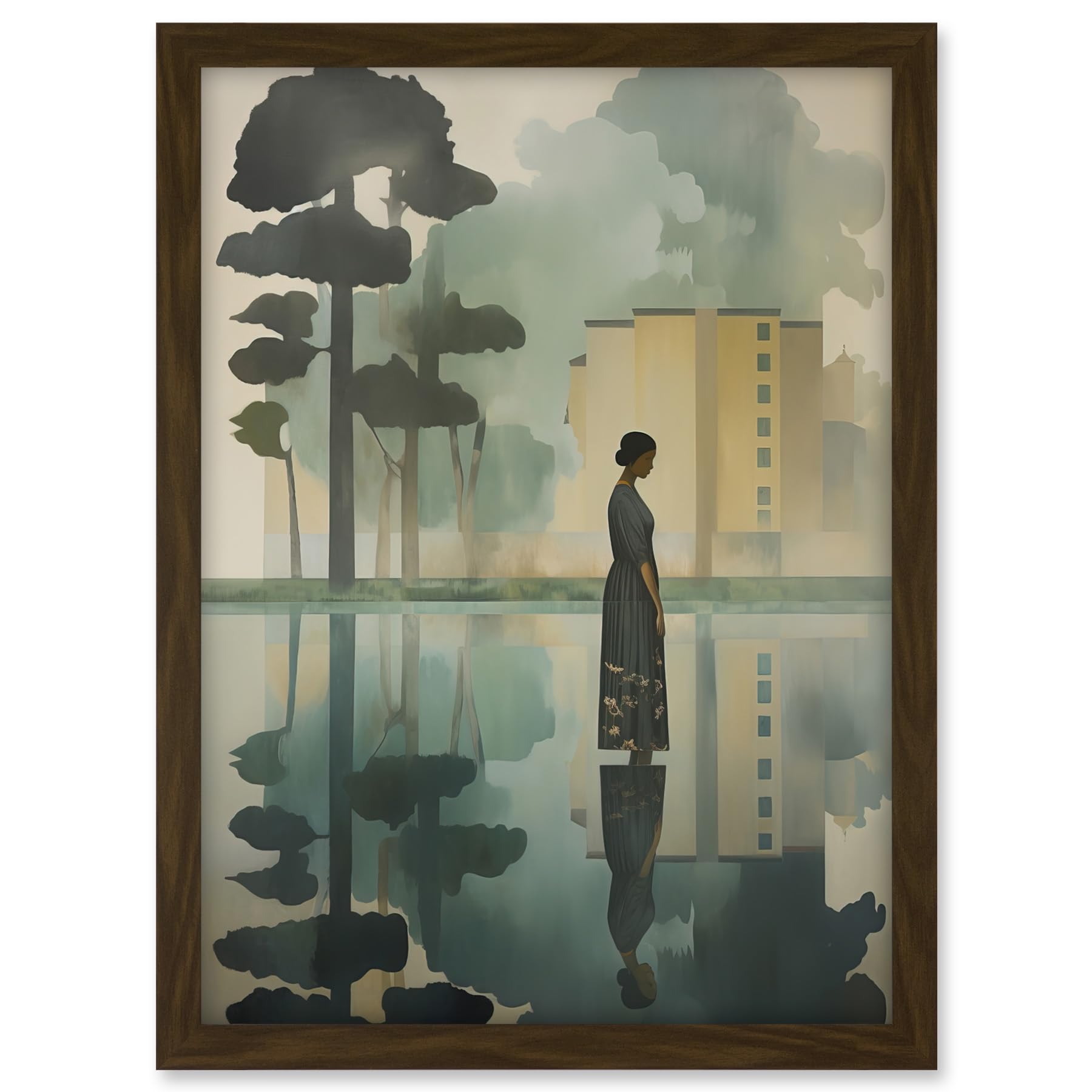 Artery8 Reflecting and Reflection of Calm Artwork Modern Simple Calming Soft Painting Flat Lake Trees Artwork Framed A3 Wall Art Print