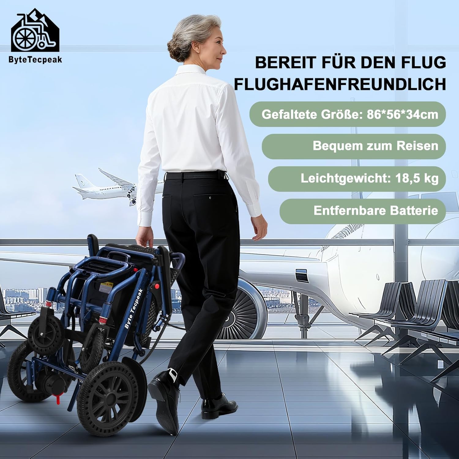 Elektrorollstuhl Faltbar Leicht, Tragbarer Elektro-Rollstuhl mit 20km Reichweite, 150kg Tragkraft, Joystick-Steuerung für Senioren Erwachsene Behinderte, Indoor Outdoor Mobilitätshilfe, Blau