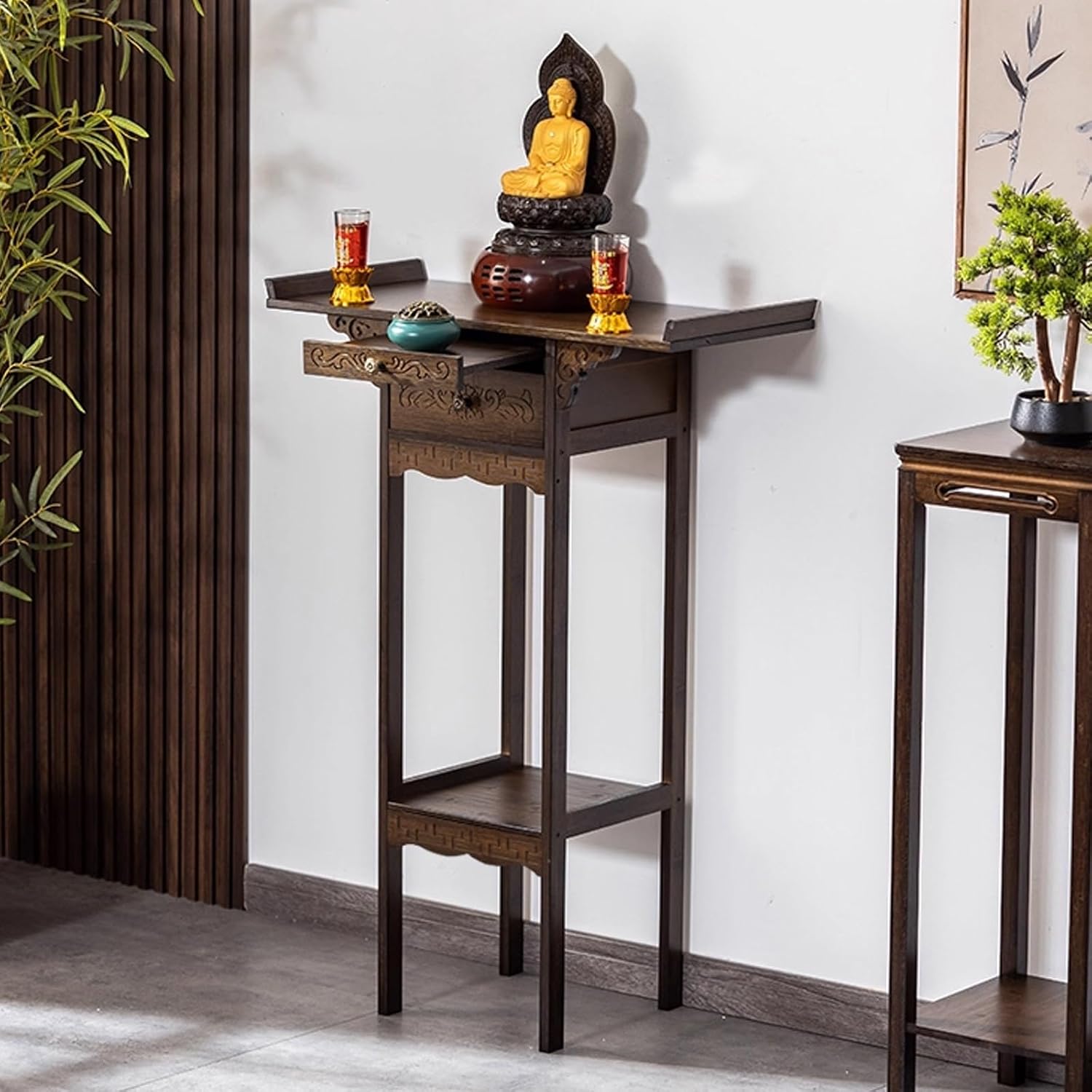 Meditation buddhist table with retractable shelf, home Buddha statues sacrificial table, shrine altar for prayer with drawers, Vintage churches shrines altar shelf, for Buddha statues, offerings.